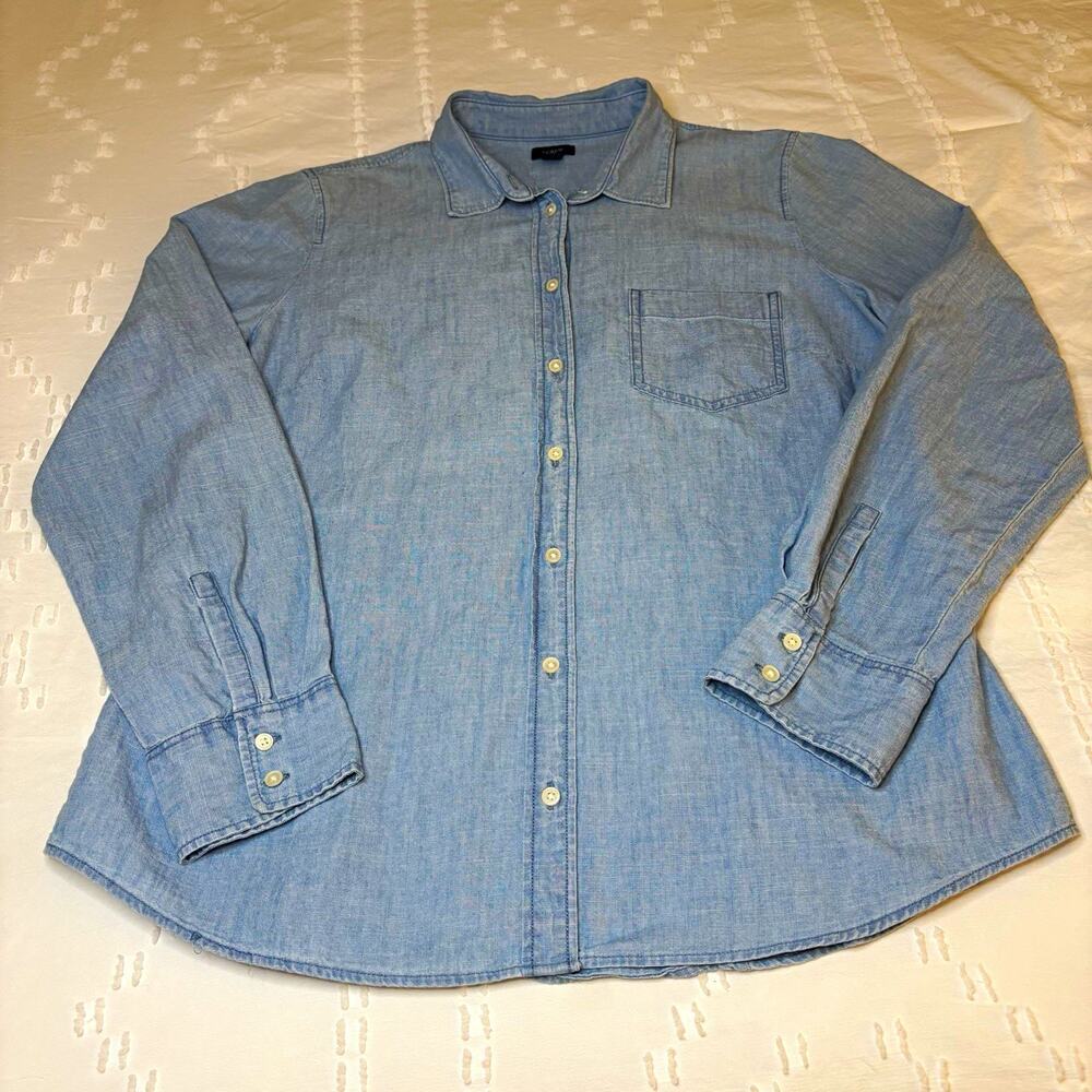 J.CREW Blue Chambray Cotton Button-Up Shirt Women's L Long Sleeve Pockets